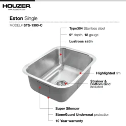 Houzer Eston 23 inch Stainless Steel Undermount Single Bowl Kitchen Sink with Strainer & Grid - 18 Gauge, STS-1300-C