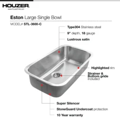 Houzer Eston 32 inch Stainless Steel Undermount Single Bowl Kitchen Sink with Strainer & Grid - 18 Gauge, STL-3600-C