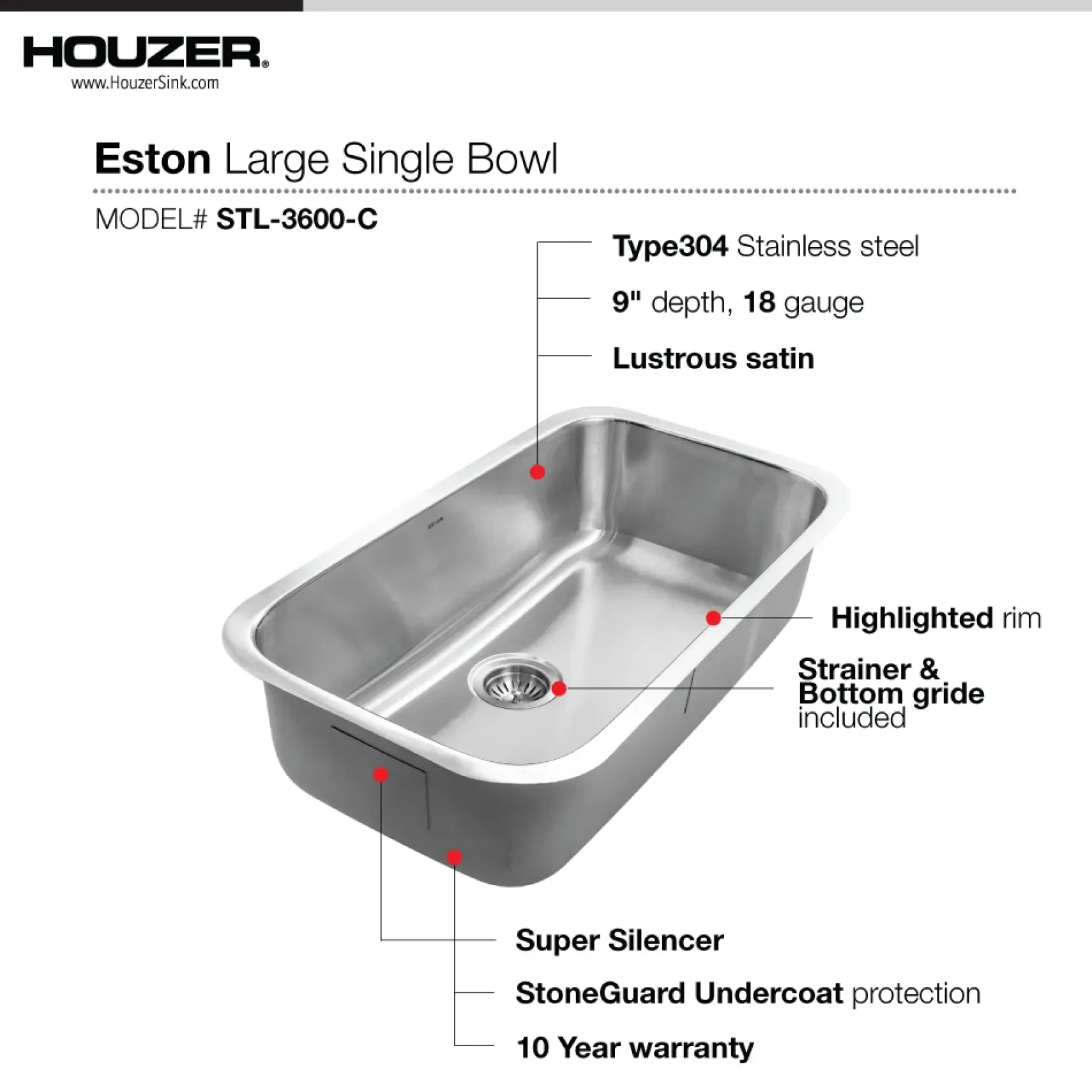 Houzer Eston 32 inch Stainless Steel Undermount Single Bowl Kitchen Sink with Strainer & Grid - 18 Gauge, STL-3600-C