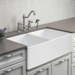 Houzer 33" Fireclay 50/50 Double Bowl Farmhouse Kitchen Sink, White, Platus Series, PTD-4400 WH