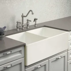 Houzer 33" Fireclay 50/50 Double Bowl Farmhouse Kitchen Sink, Biscuit, Platus Series, PTD-4400 BQ