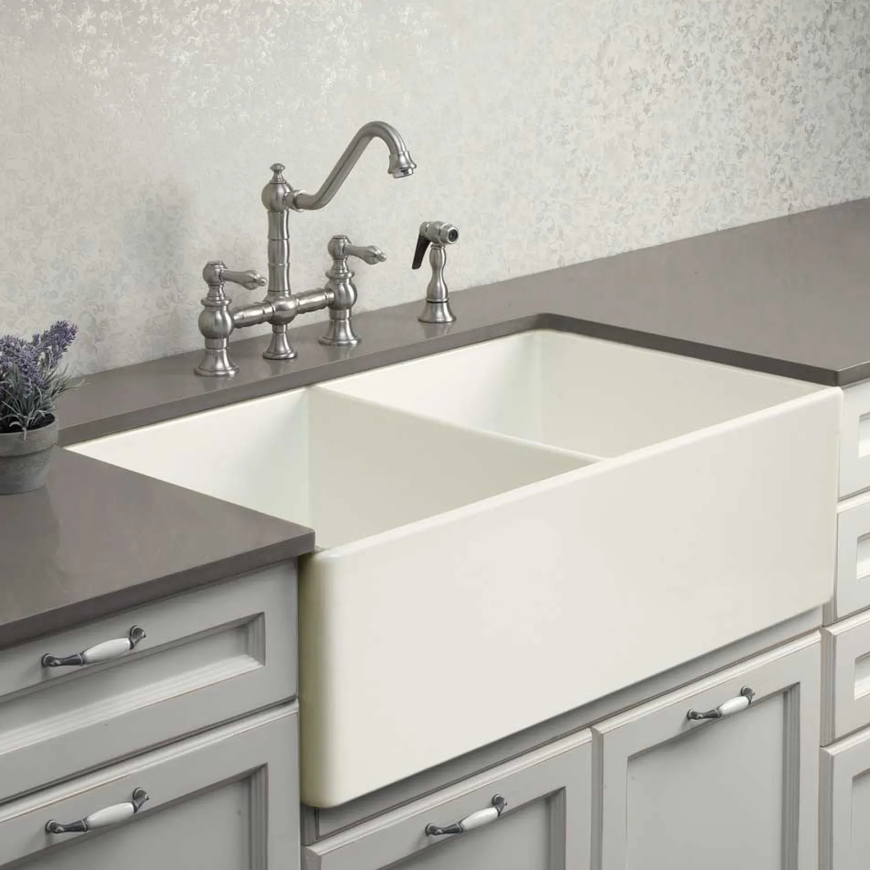 Houzer 33" Fireclay 50/50 Double Bowl Farmhouse Kitchen Sink, Biscuit, Platus Series, PTD-4400 BQ