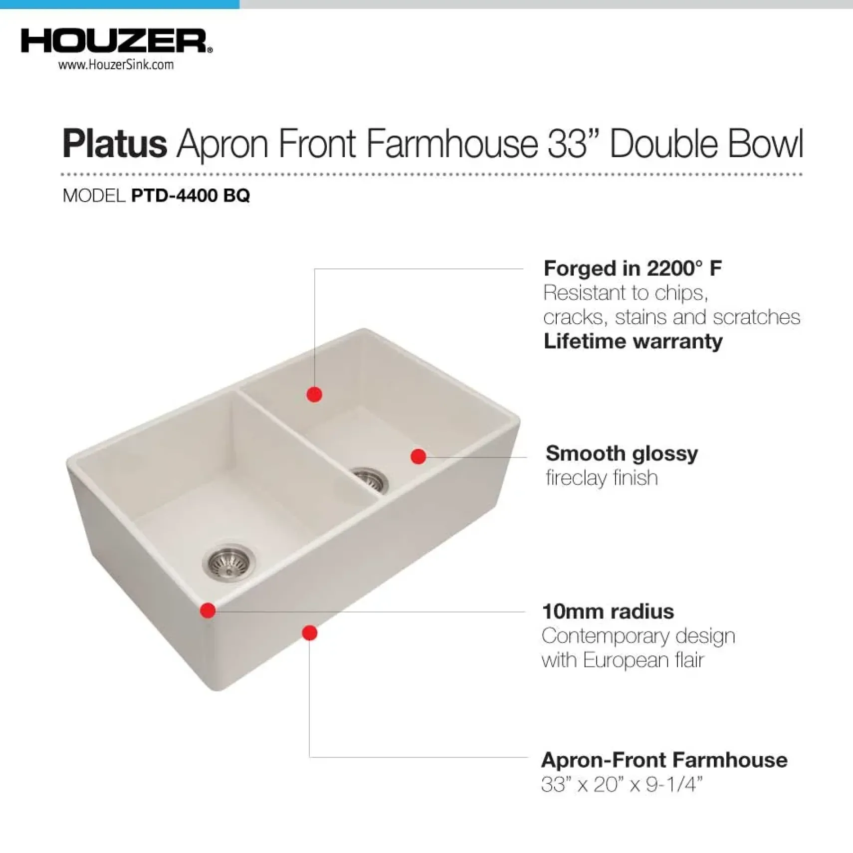 Houzer 33" Fireclay 50/50 Double Bowl Farmhouse Kitchen Sink, Biscuit, Platus Series, PTD-4400 BQ