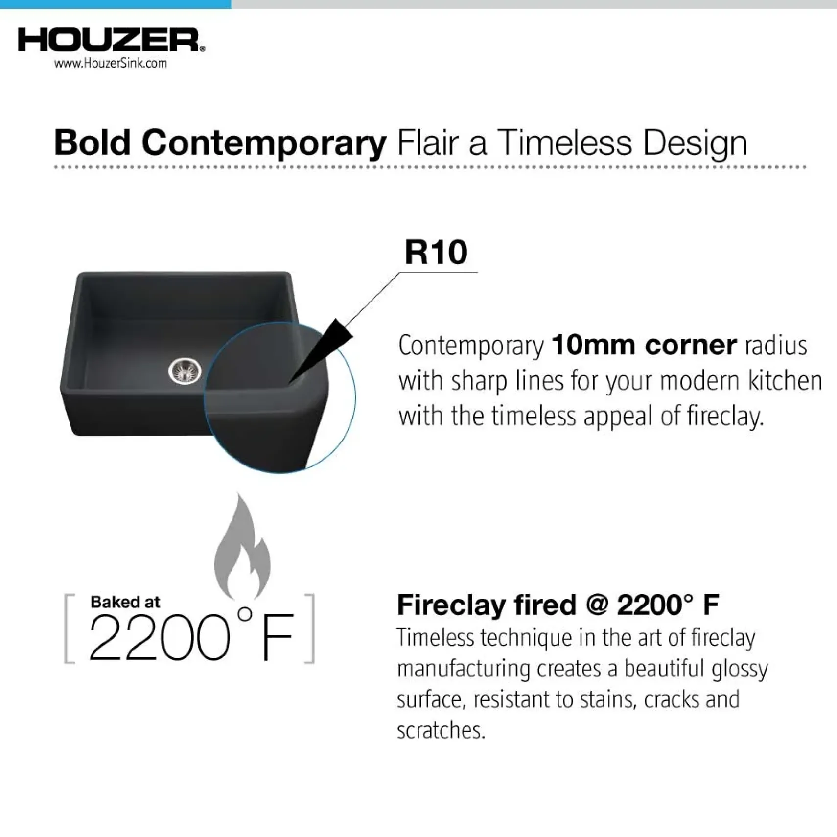 Houzer 30" Fireclay Single Bowl Farmhouse Kitchen Sink, Black, Platus Series, PTS-4100 BL