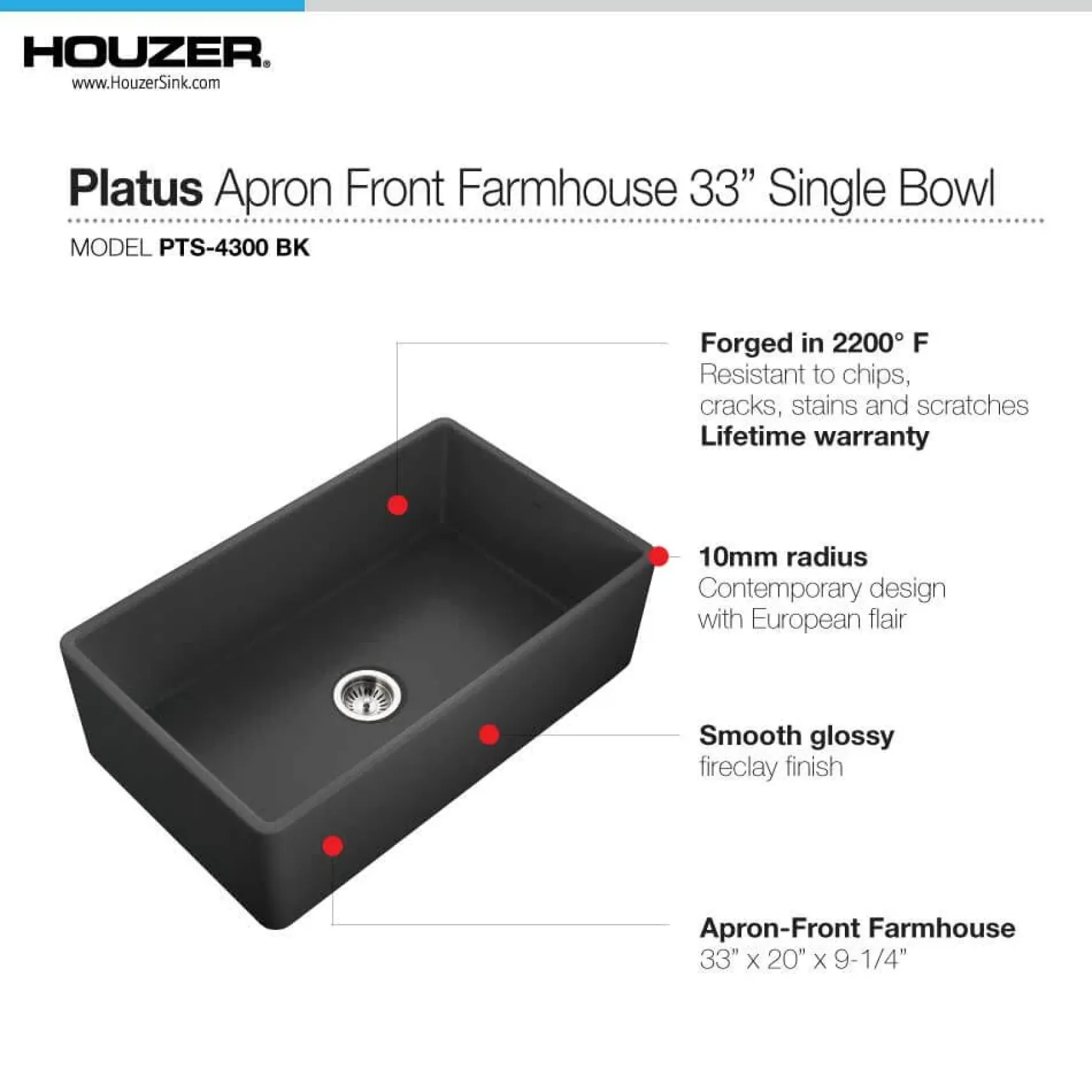 Houzer 33" Fireclay Single Bowl Farmhouse Kitchen Sink, Black, Platus Series, PTG-4300 BL