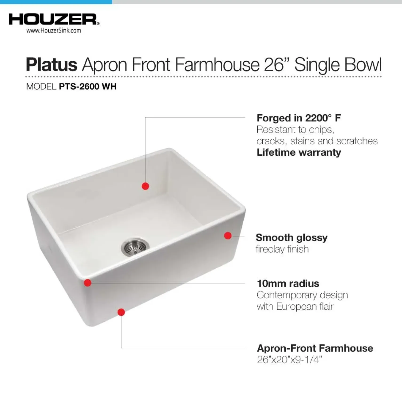 Houzer 26" Fireclay Single Bowl Farmhouse Kitchen Sink, White, Platus Series, PTS-2600 WH