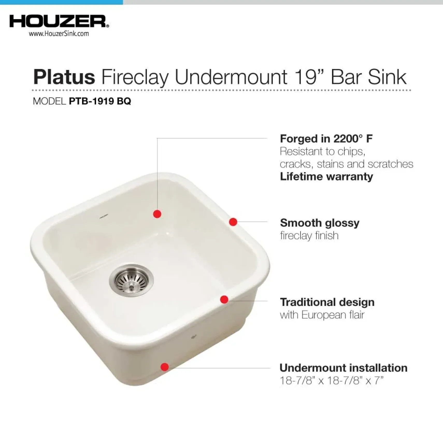 Houzer 19" Fireclay Undermount Bar Sink, Biscuit, Platus Series, PTB-1919 BQ
