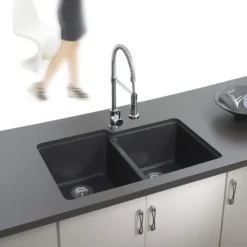 Houzer 33" Granite Undermount 60/40 Double Bowl Kitchen Sink, Black, M-175U MIDNITE