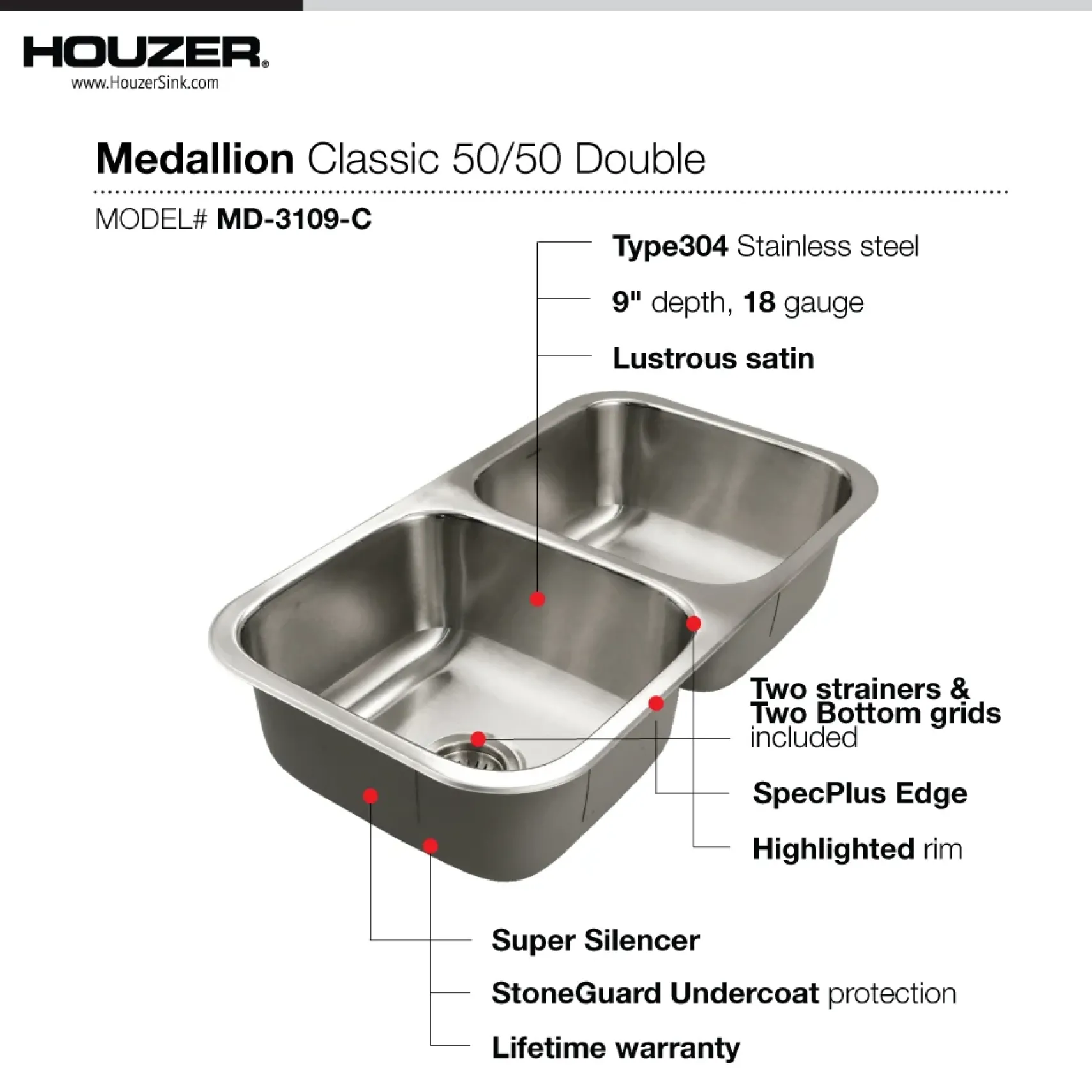 Houzer Medallion Classic 32" 50/50 Double Bowl Stainless Steel Undermount Kitchen Sink with Accessories, 18 Gauge, MD-3109-C