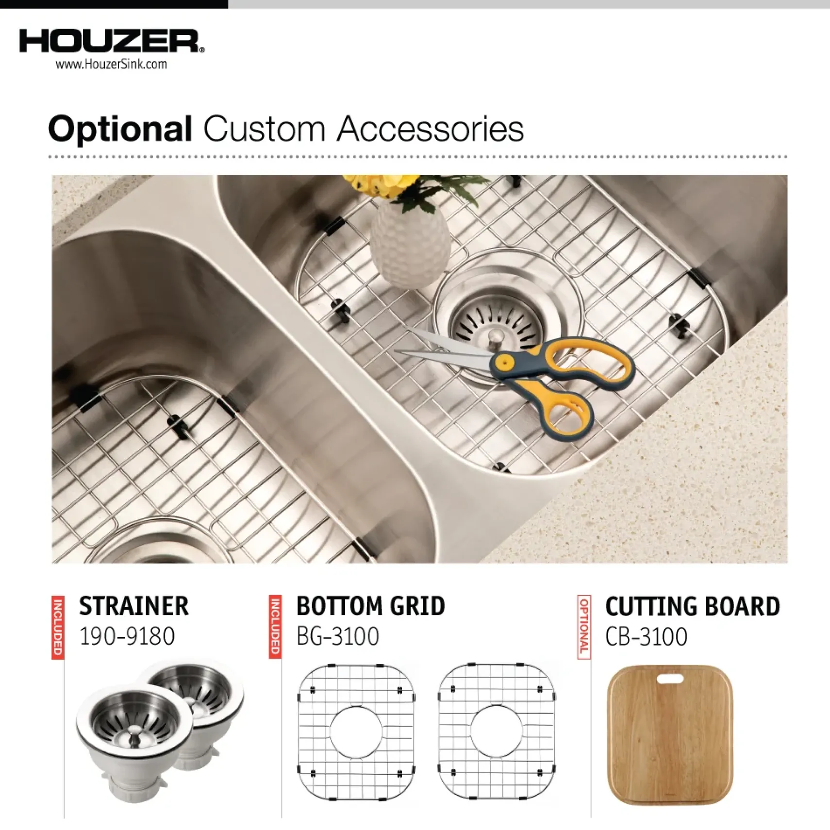 Houzer Medallion Classic 32" 50/50 Double Bowl Stainless Steel Undermount Kitchen Sink with Accessories, 18 Gauge, MD-3109-C