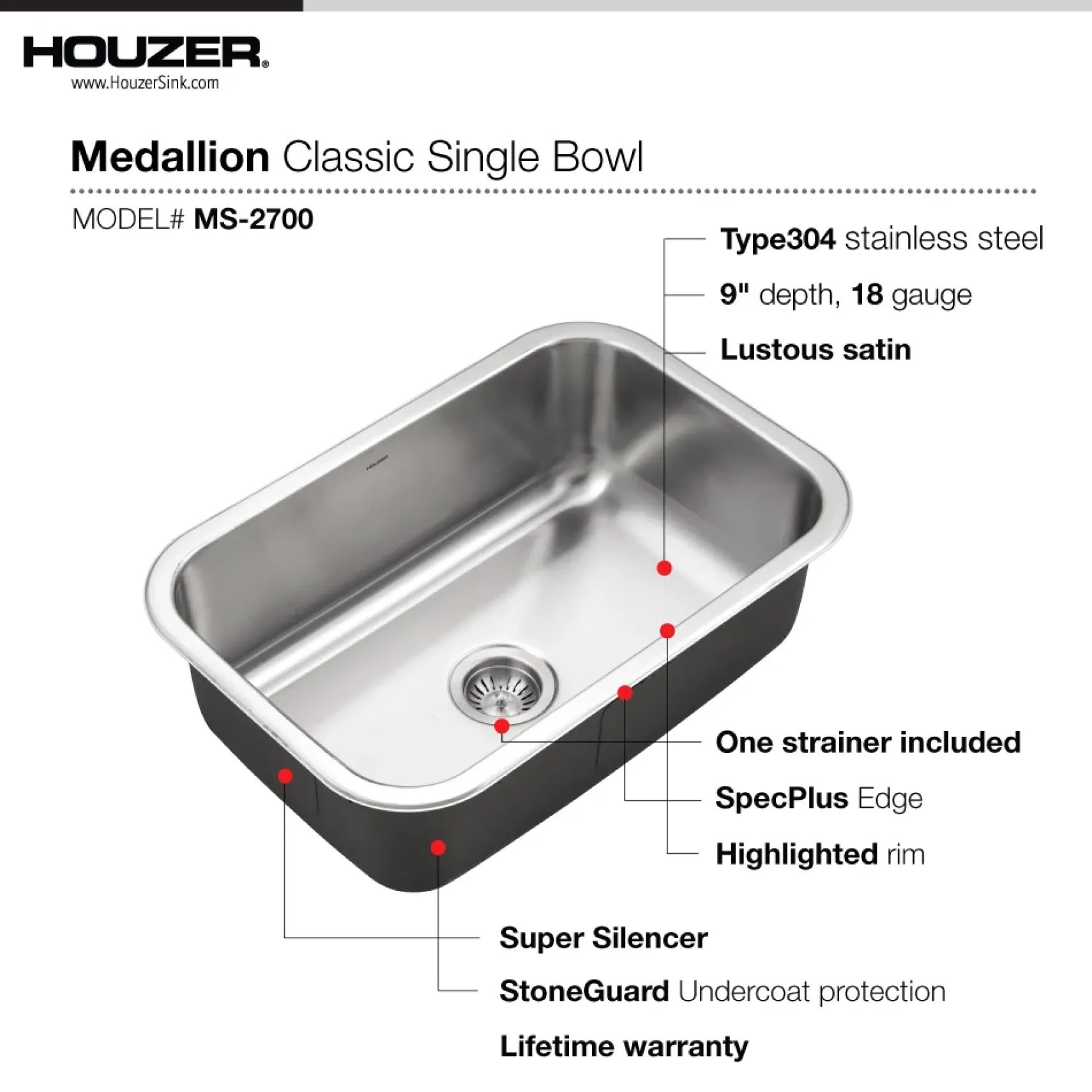 Houzer Medallion Designer 27 inch Stainless Steel Undermount Single D Bowl Kitchen Sink with Strainer- 18 Gauge, MS-2700-1