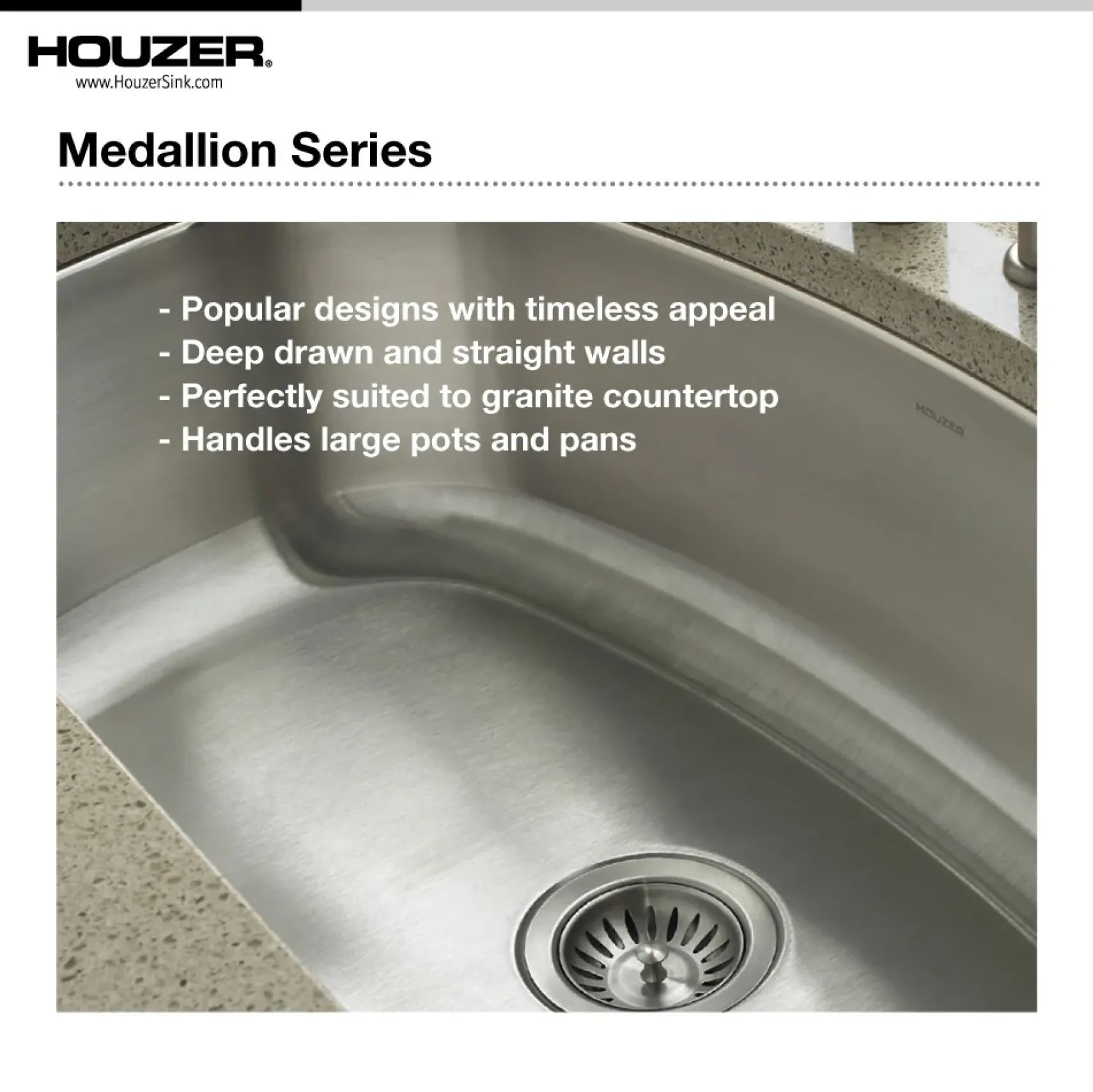 Houzer Medallion Designer 27 inch Stainless Steel Undermount Single D Bowl Kitchen Sink with Strainer- 18 Gauge, MS-2700-1