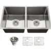 Houzer Nouvelle 31 inch Stainless Steel Undermount 50/50 Double Bowl Kitchen Sink with Strainer & Grid - 18 Gauge, NOD-4200-1