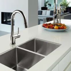 Houzer Nouvelle 31 inch Stainless Steel Undermount 50/50 Double Bowl Kitchen Sink with Strainer & Grid - 18 Gauge, NOD-4200-1