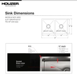 Houzer Nouvelle 31 inch Stainless Steel Undermount 50/50 Double Bowl Kitchen Sink with Strainer & Grid - 18 Gauge, NOD-4200-1