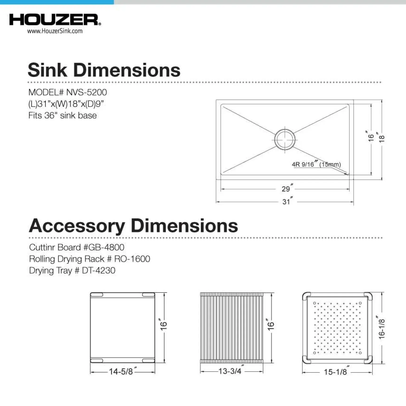 Houzer Novus 32" Stainless Steel Undermount Kitchen Sink, 18 Gauge, NVS-5200