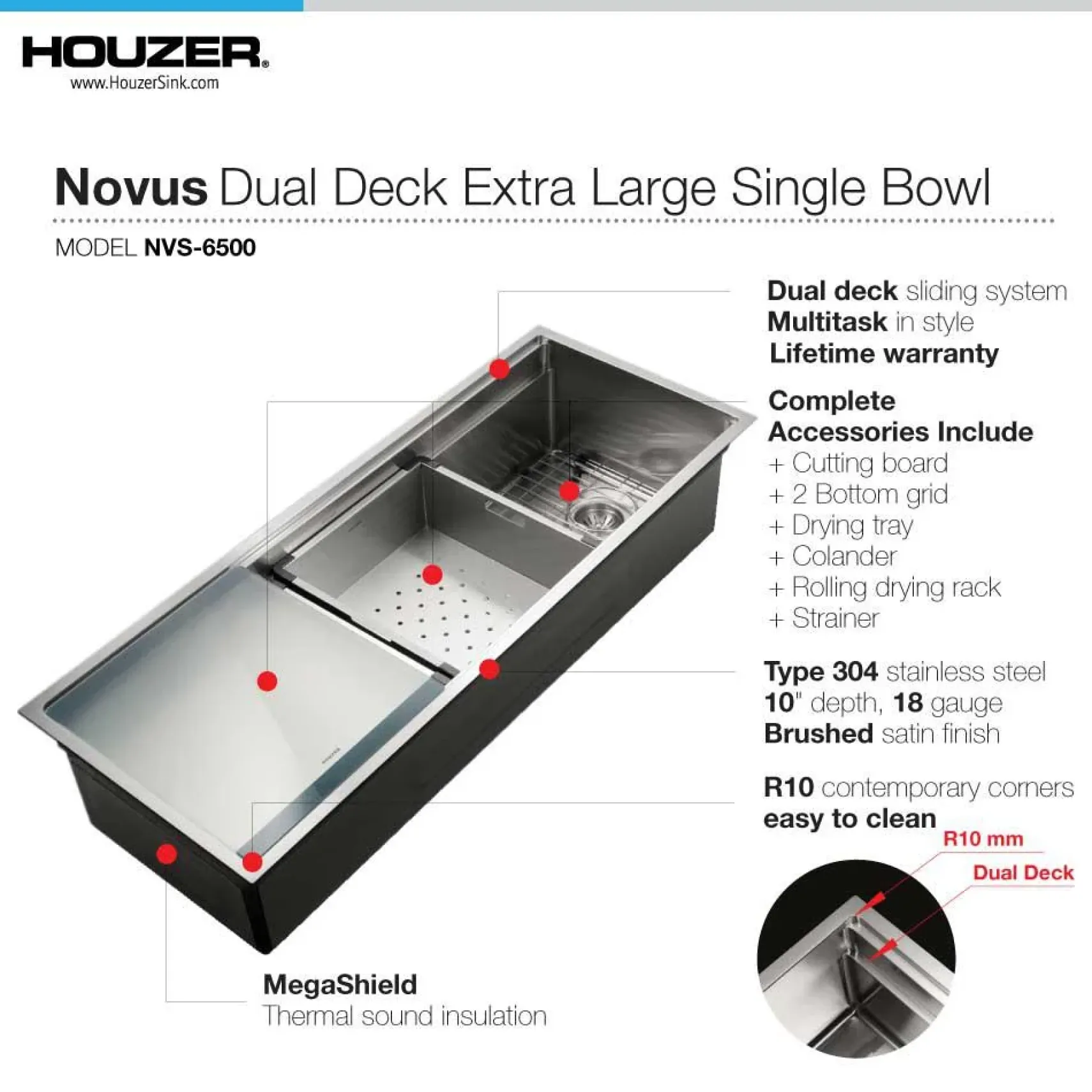 Houzer Novus 45" Workstation Kitchen Sink, 18 Gauge Stainless Steel, NVS-6500
