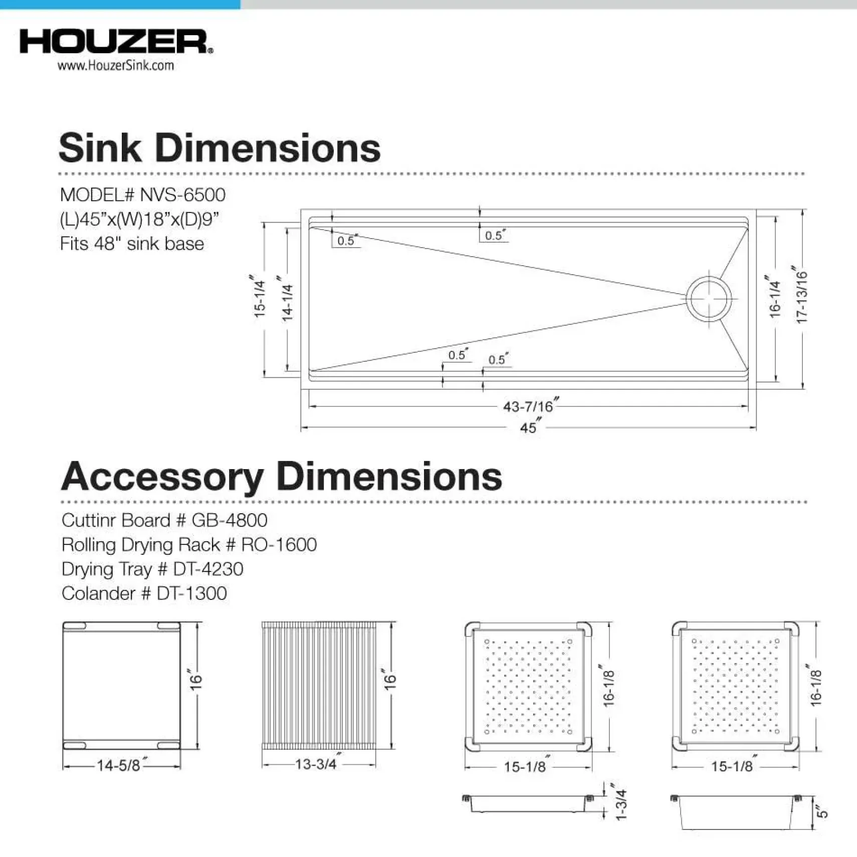 Houzer Novus 45" Workstation Kitchen Sink, 18 Gauge Stainless Steel, NVS-6500