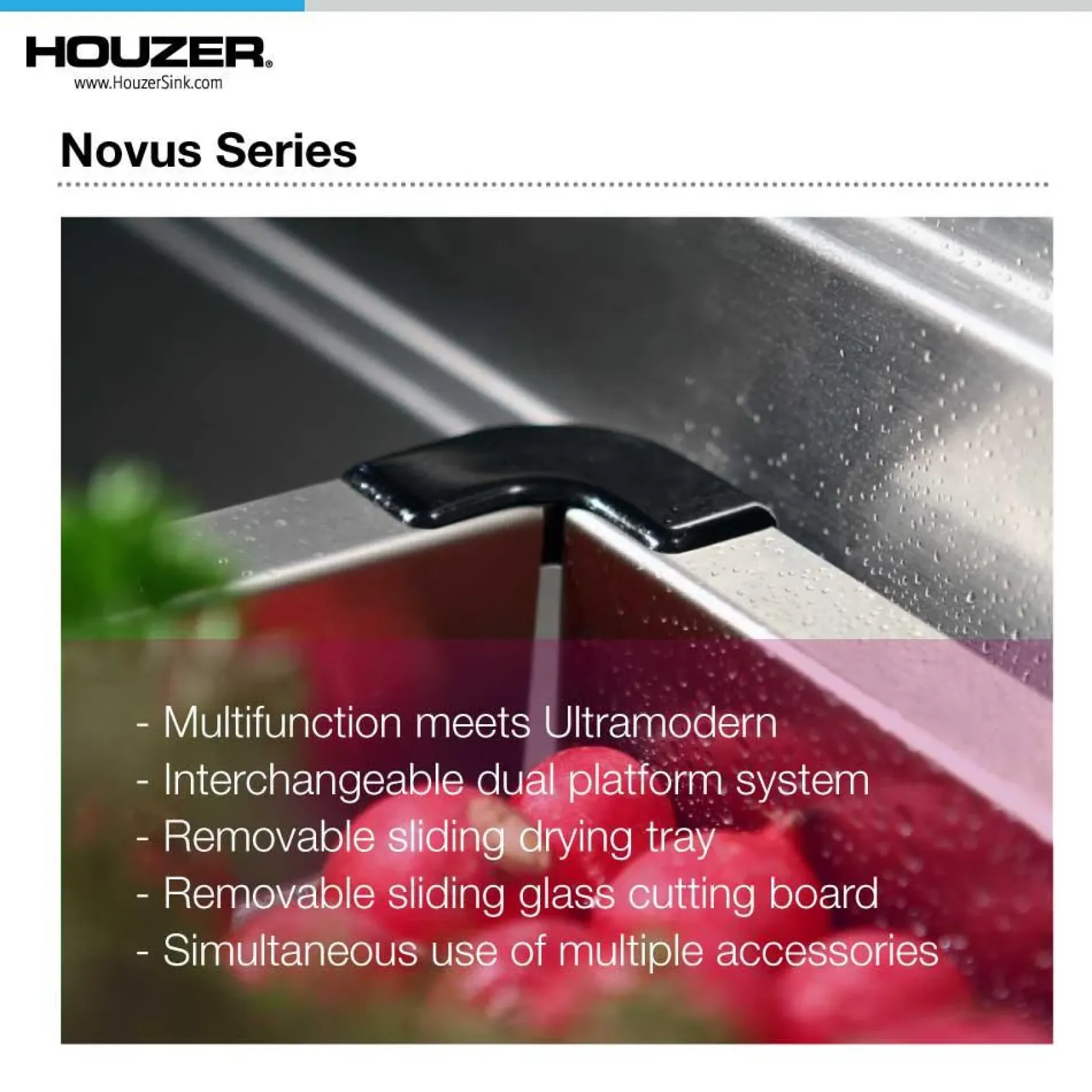 Houzer Novus 45" Workstation Kitchen Sink, 18 Gauge Stainless Steel, NVS-6500