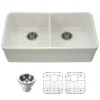 Houzer Platus 32" Fireclay 50/50 Double Bowl Undermount Kitchen Sink with Accessories, Biscuit, PTU-3200 BQ-C