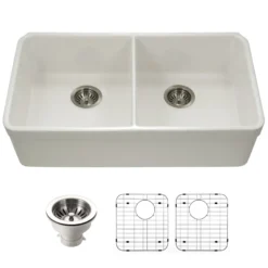 Houzer Platus 32" Fireclay 50/50 Double Bowl Undermount Kitchen Sink with Accessories, Biscuit, PTU-3200 BQ-C