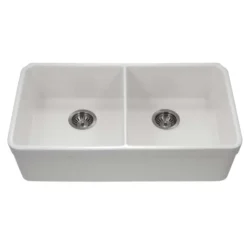 Houzer Platus 32" Fireclay 50/50 Double Bowl Undermount Kitchen Sink, White, PTU-3200 WH