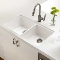 Houzer Platus 32" Fireclay 50/50 Double Bowl Undermount Kitchen Sink, White, PTU-3200 WH