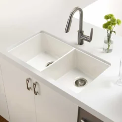 Houzer Platus 32" Fireclay 50/50 Double Bowl Undermount Kitchen Sink, Biscuit, PTU-3200 BQ-C