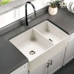 Houzer Platus 33" Fireclay Farmhouse Sink, 60/40 Double Bowl, Biscuit, PTD-6040 BQ
