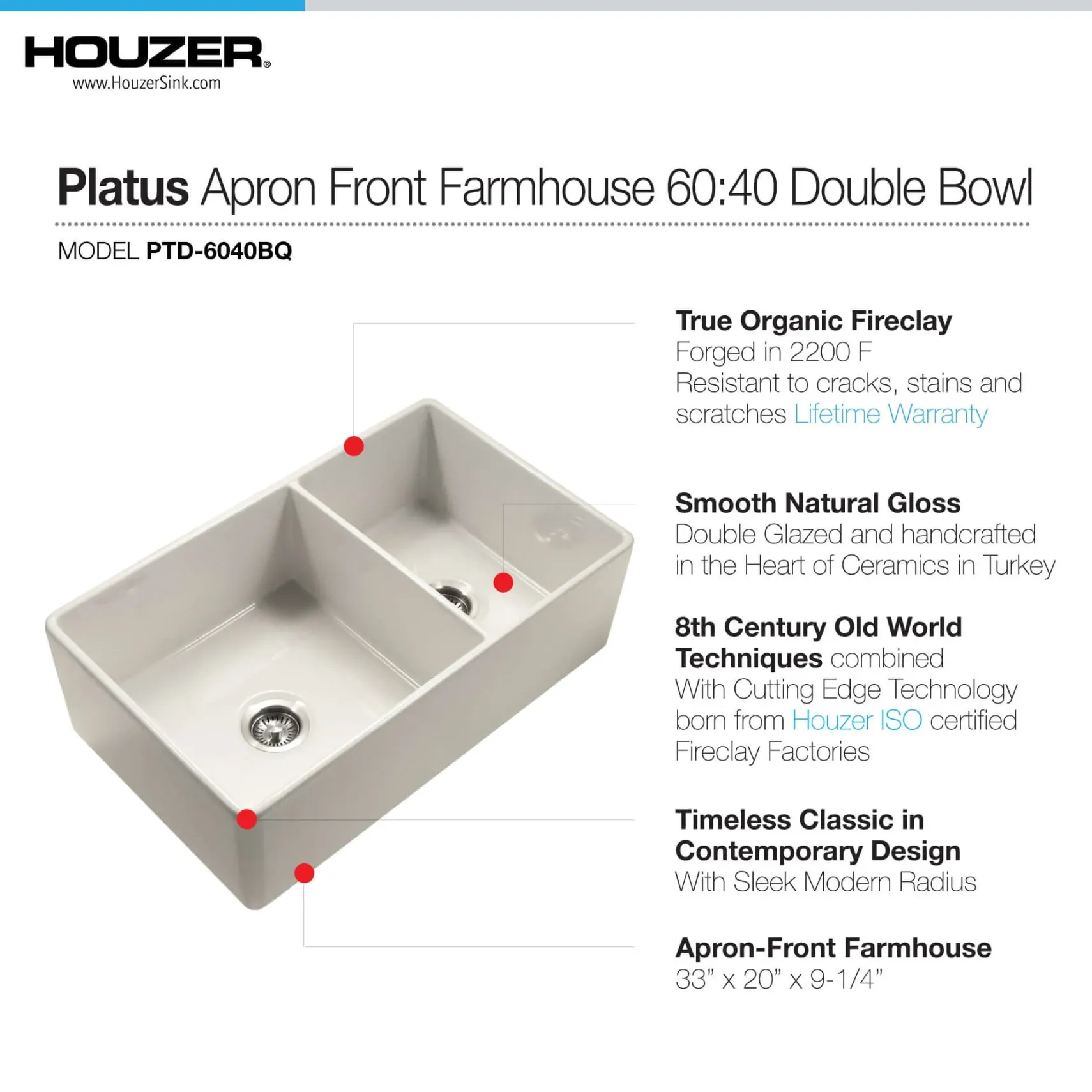 Houzer Platus 33" Fireclay Farmhouse Sink, 60/40 Double Bowl, Biscuit, PTD-6040 BQ