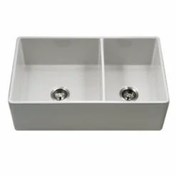 Houzer Platus 33" Fireclay Farmhouse Sink, 60/40 Double Bowl, White, PTD-6040 WH
