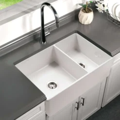 Houzer Platus 33" Fireclay Farmhouse Sink, 60/40 Double Bowl, White, PTD-6040 WH