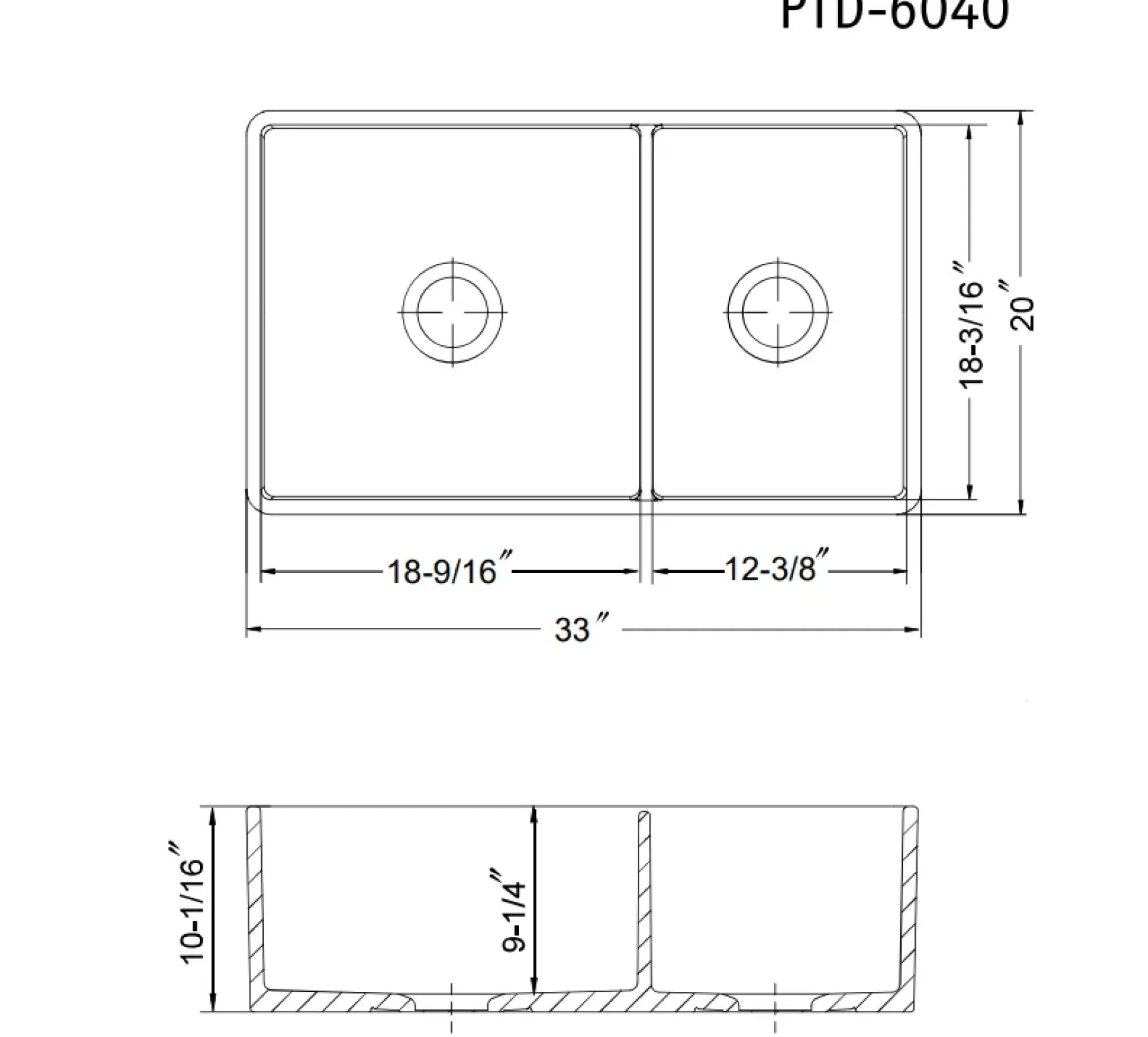 Houzer Platus 33" Fireclay Farmhouse Sink, 60/40 Double Bowl, White, PTD-6040 WH