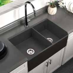 Houzer Platus 33" Fireclay Farmhouse Sink, 60/40 Double Bowl, Black, PTD-6040 BL