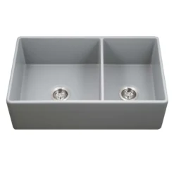 Houzer Platus 33" Fireclay Farmhouse Sink, 60/40 Double Bowl, Gray, PTD-6040 GR