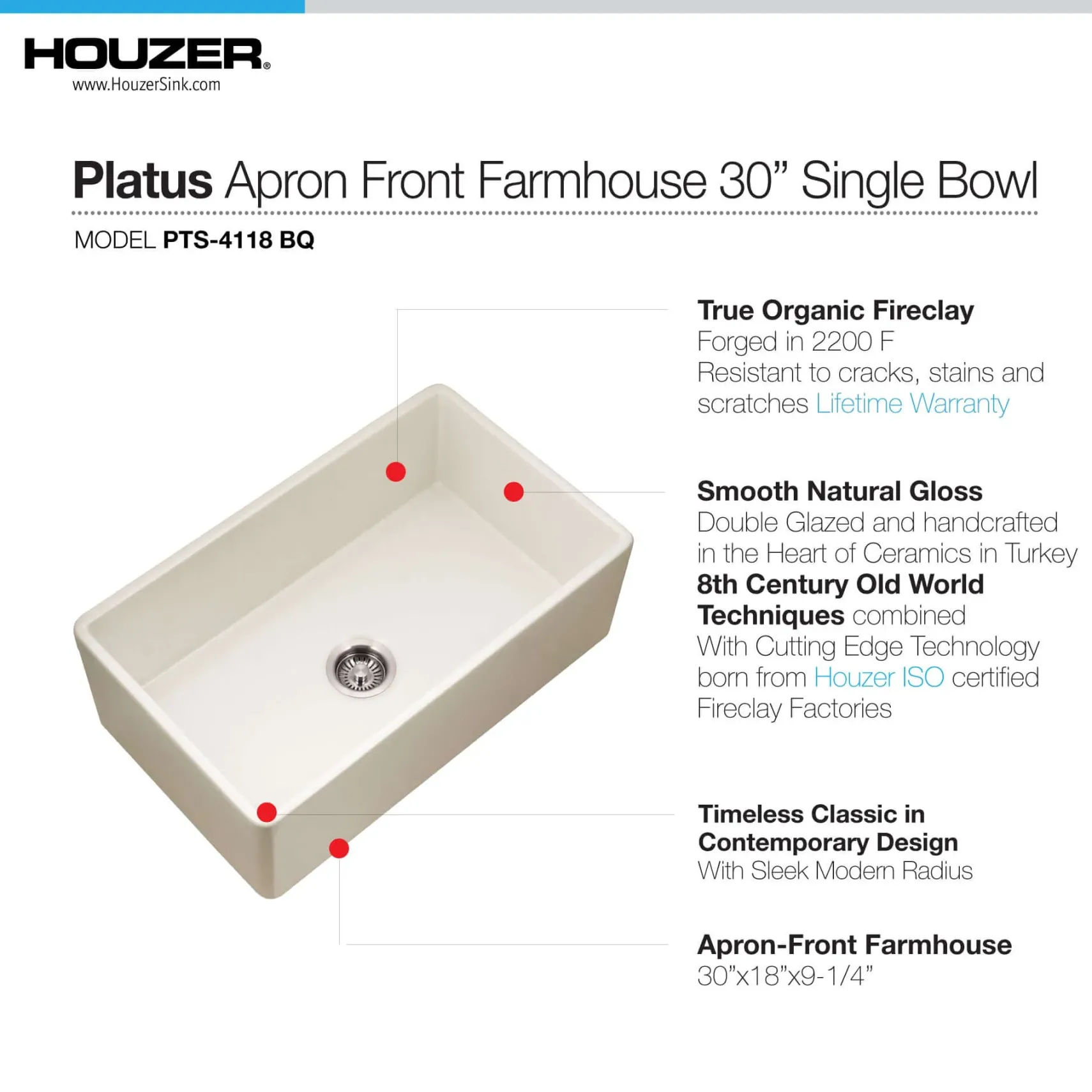 Houzer Platus 30" Fireclay Farmhouse Sink, Biscuit, PTS-4118 BQ