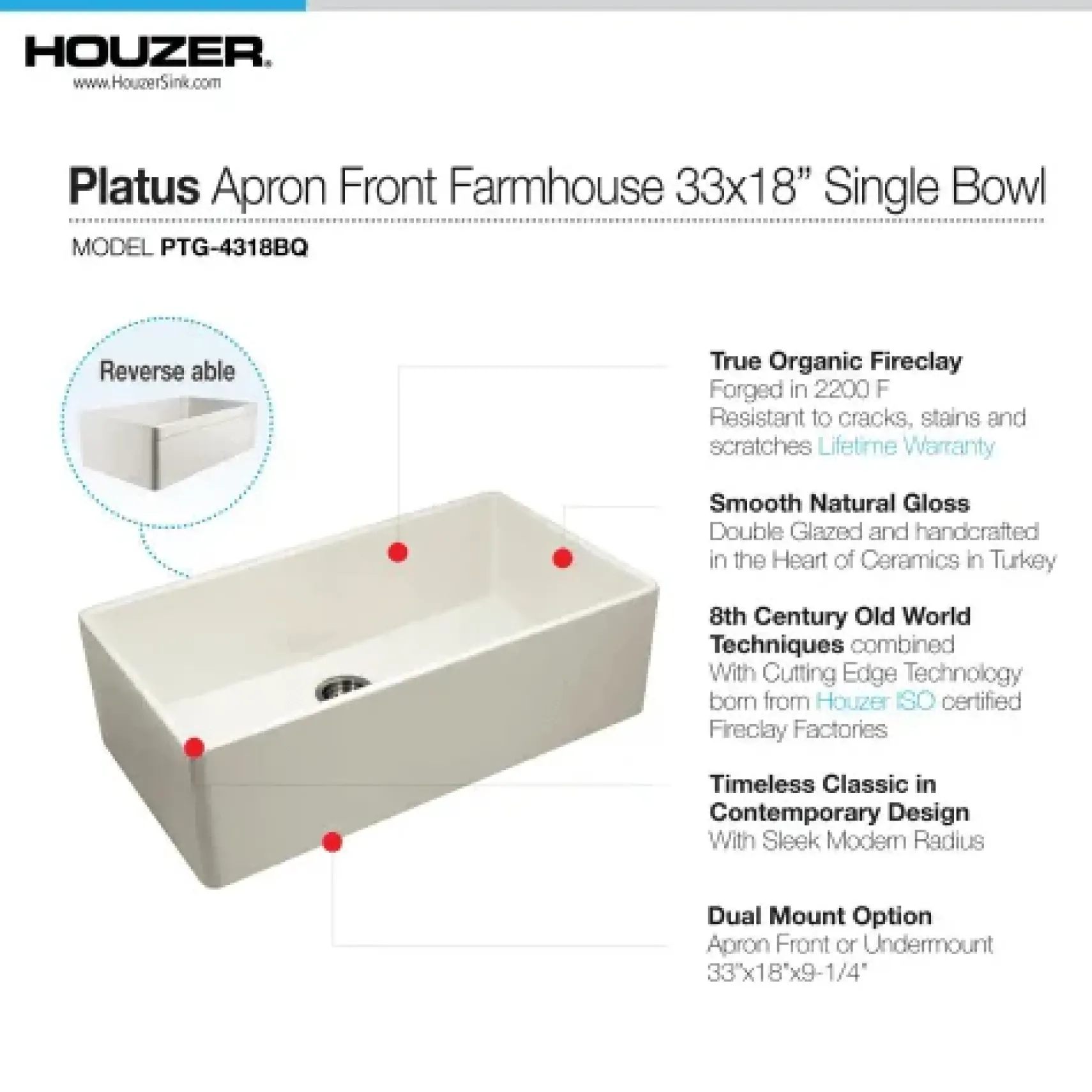 Houzer Platus 33" Fireclay Farmhouse Sink, Biscuit, PTG-4318 BQ