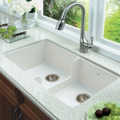 Houzer Platus 32" Fireclay 50/50 Low Divide Double Bowl Farmhouse Kitchen Sink, White, PTD-6400 WH