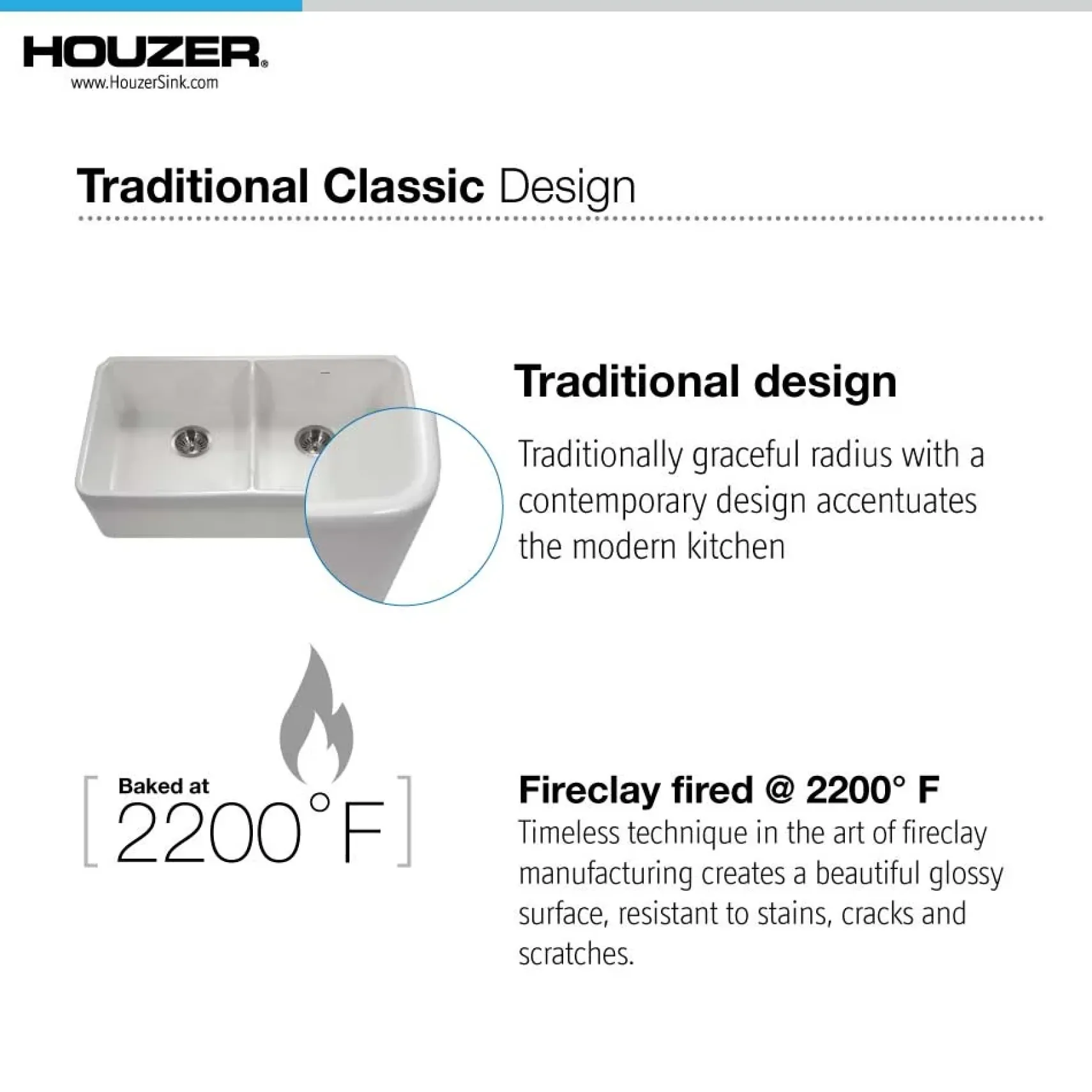 Houzer Platus 32" Fireclay 50/50 Low Divide Double Bowl Farmhouse Kitchen Sink, Biscuit, PTD-6400 BQ