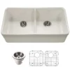 Houzer Platus 32" Fireclay 50/50 Low Divide Double Bowl Farmhouse Kitchen Sink with Accessories, Biscuit, PTD-6400 BQ-C
