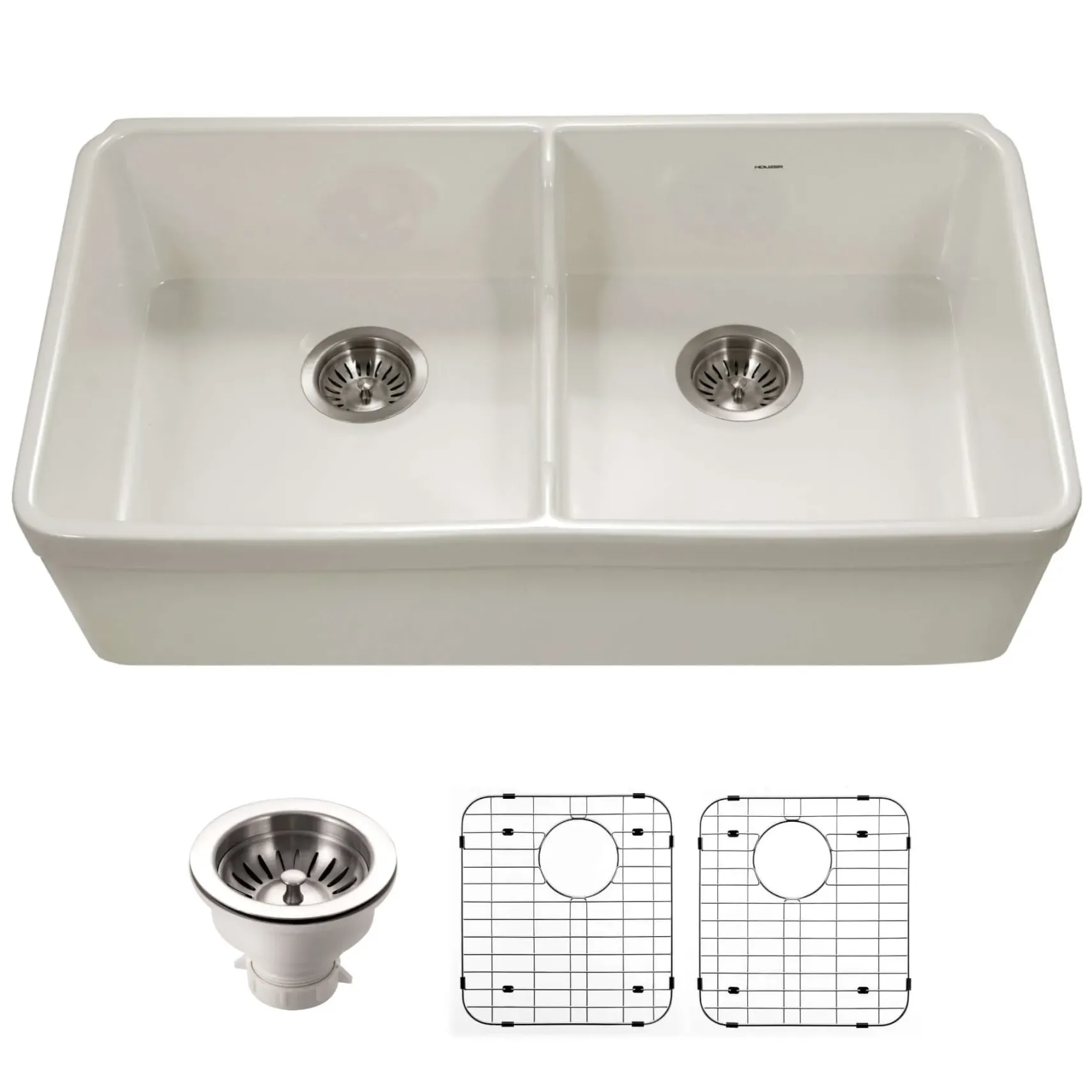 Houzer Platus 32" Fireclay 50/50 Low Divide Double Bowl Farmhouse Kitchen Sink with Accessories, Biscuit, PTD-6400 BQ-C
