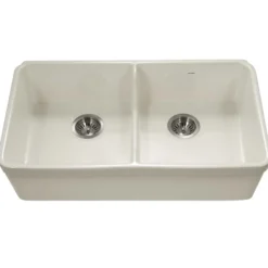 Houzer Platus 32" Fireclay 50/50 Low Divide Double Bowl Farmhouse Kitchen Sink with Accessories, Biscuit, PTD-6400 BQ-C