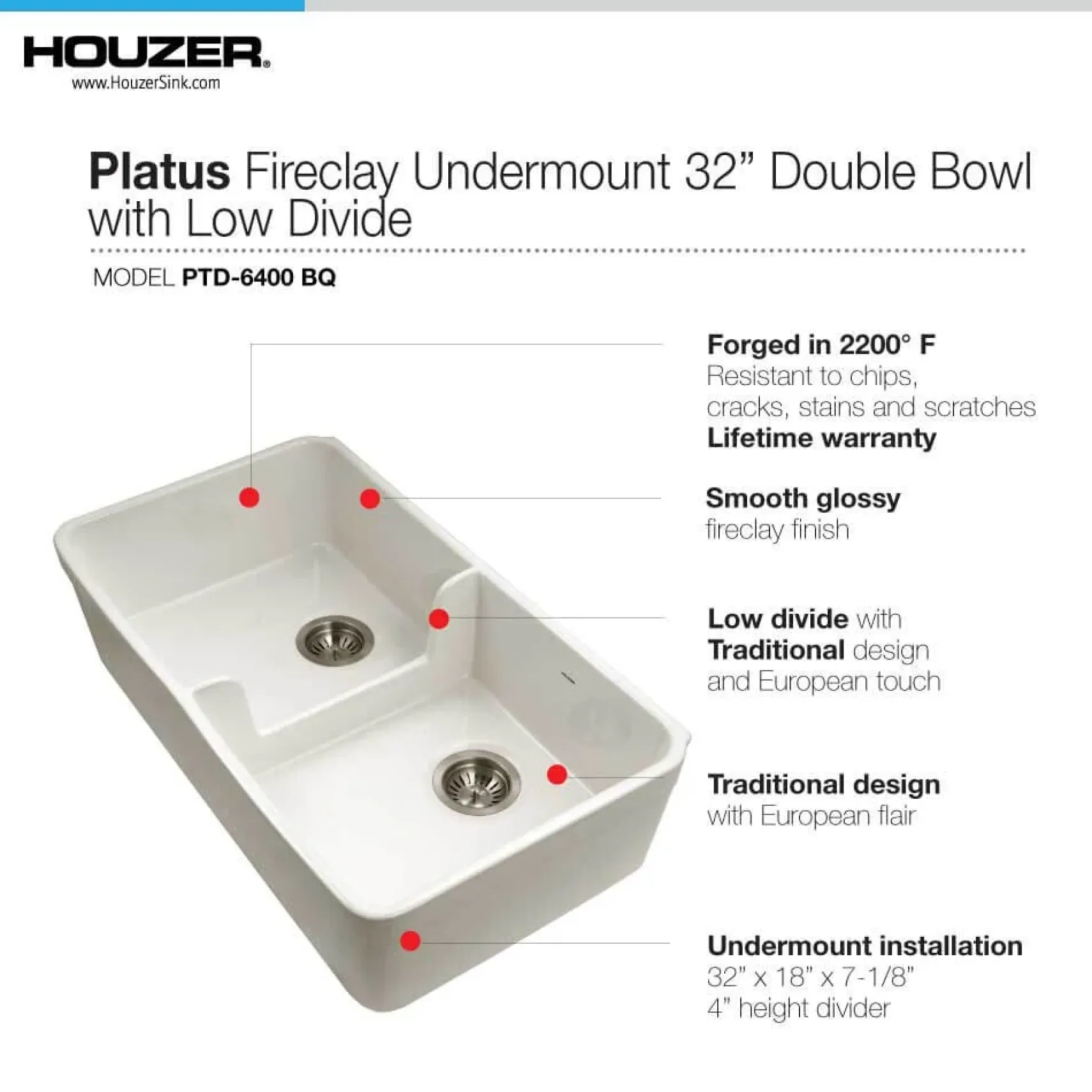 Houzer Platus 32" Fireclay 50/50 Low Divide Double Bowl Farmhouse Kitchen Sink with Accessories, Biscuit, PTD-6400 BQ-C