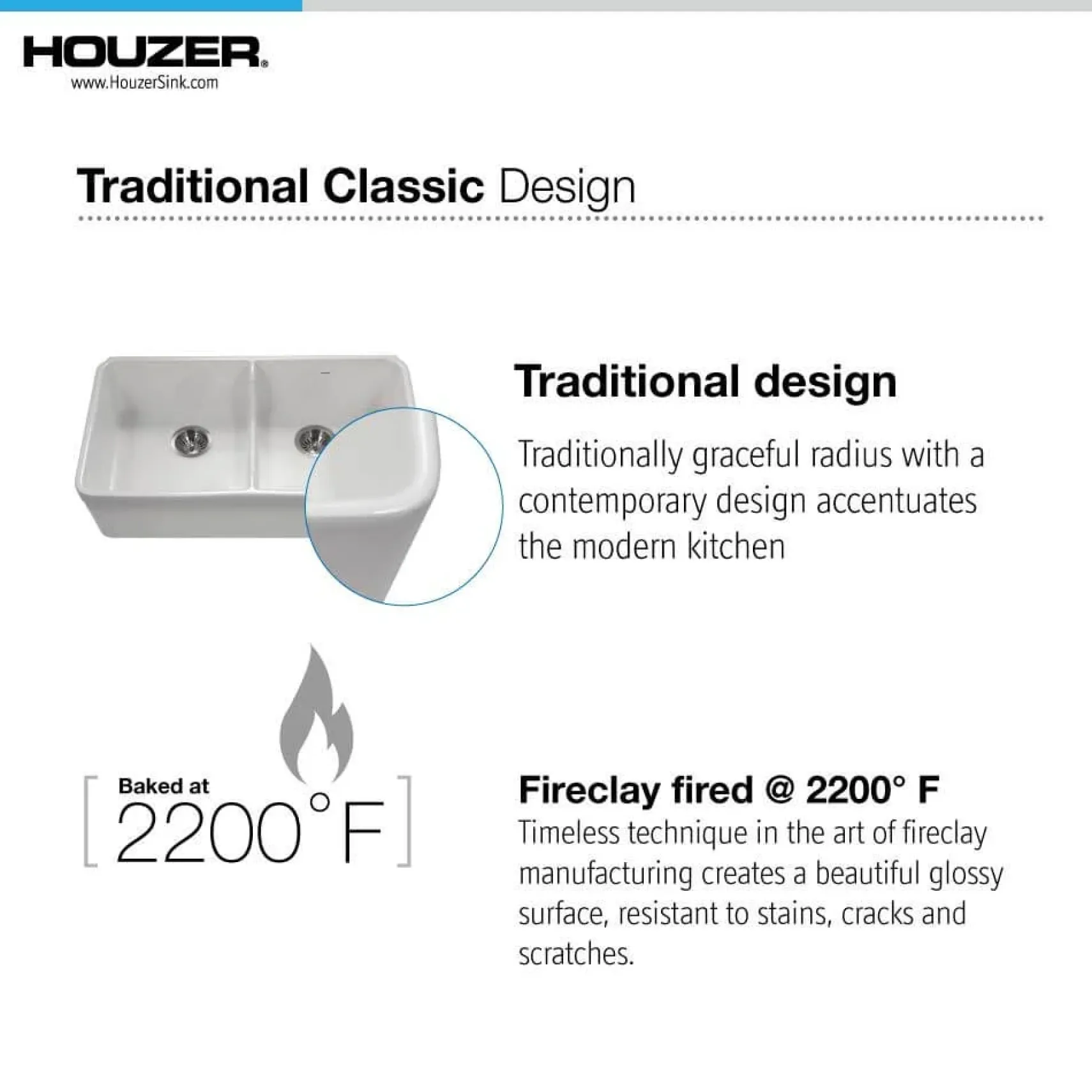 Houzer Platus 32" Fireclay 50/50 Low Divide Double Bowl Farmhouse Kitchen Sink with Accessories, Biscuit, PTD-6400 BQ-C