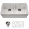 Houzer Platus 32" Fireclay 50/50 Low Divide Double Bowl Farmhouse Kitchen Sink with Accessories, White, PTD-6400 WH-C