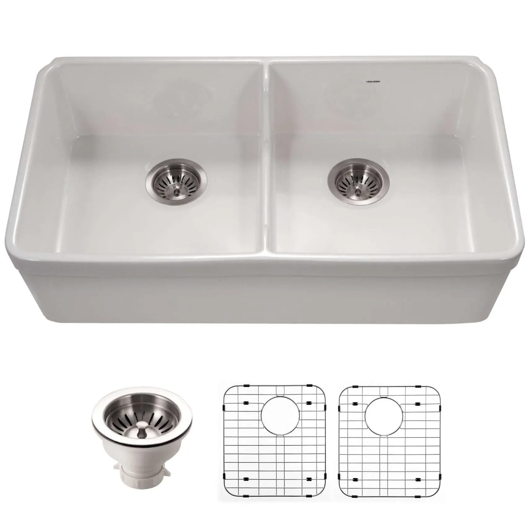 Houzer Platus 32" Fireclay 50/50 Low Divide Double Bowl Farmhouse Kitchen Sink with Accessories, White, PTD-6400 WH-C