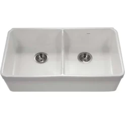 Houzer Platus 32" Fireclay 50/50 Low Divide Double Bowl Farmhouse Kitchen Sink with Accessories, White, PTD-6400 WH-C