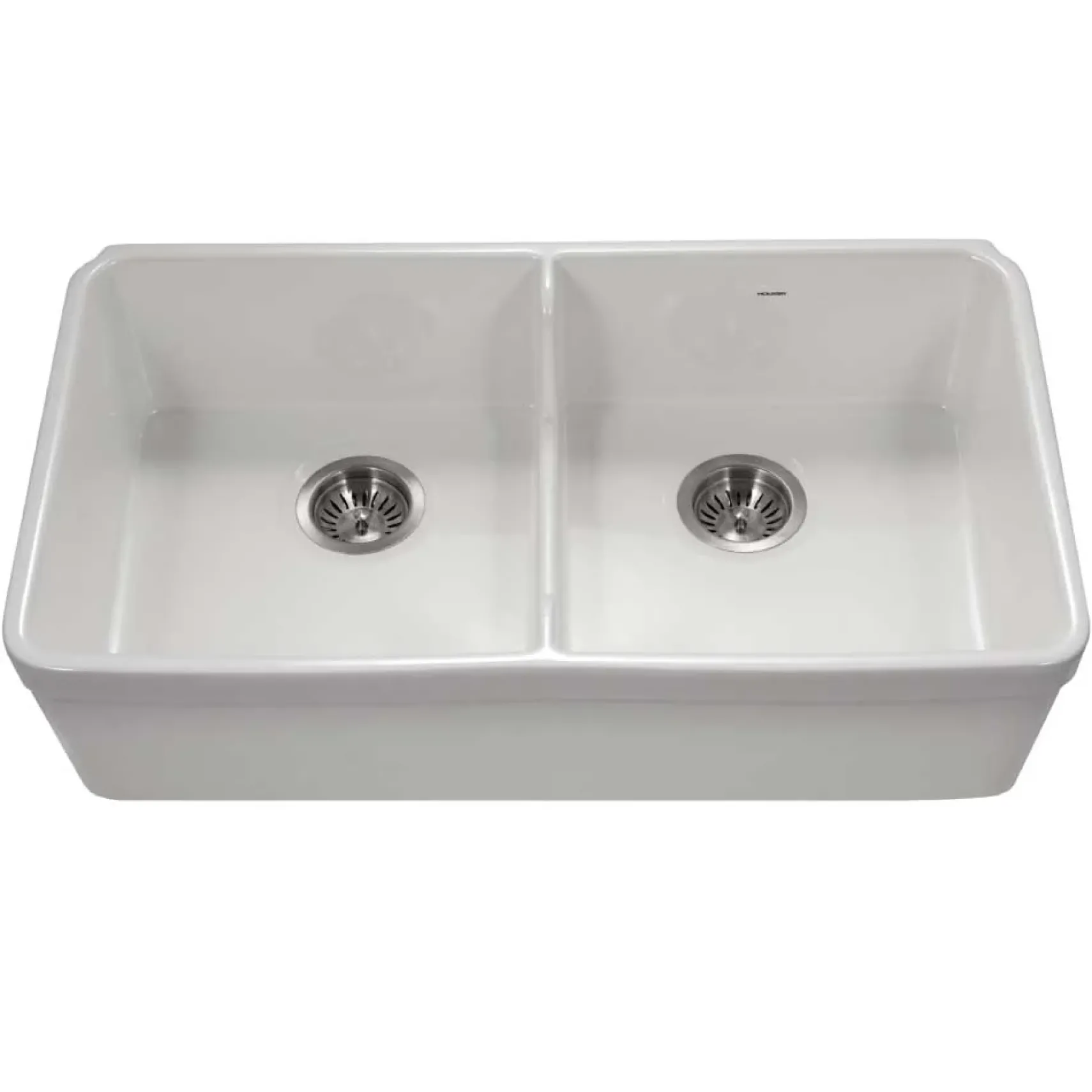 Houzer Platus 32" Fireclay 50/50 Low Divide Double Bowl Farmhouse Kitchen Sink with Accessories, White, PTD-6400 WH-C