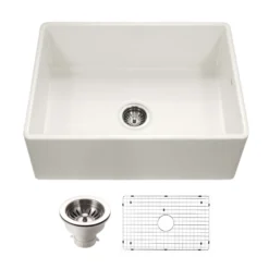 Houzer Platus 30 inch Biscuit Fireclay Apron Front Farmhouse Single Bowl Kitchen Sink - PTS-4100 BQ-C with Basket Strainer and Basin Grid Included