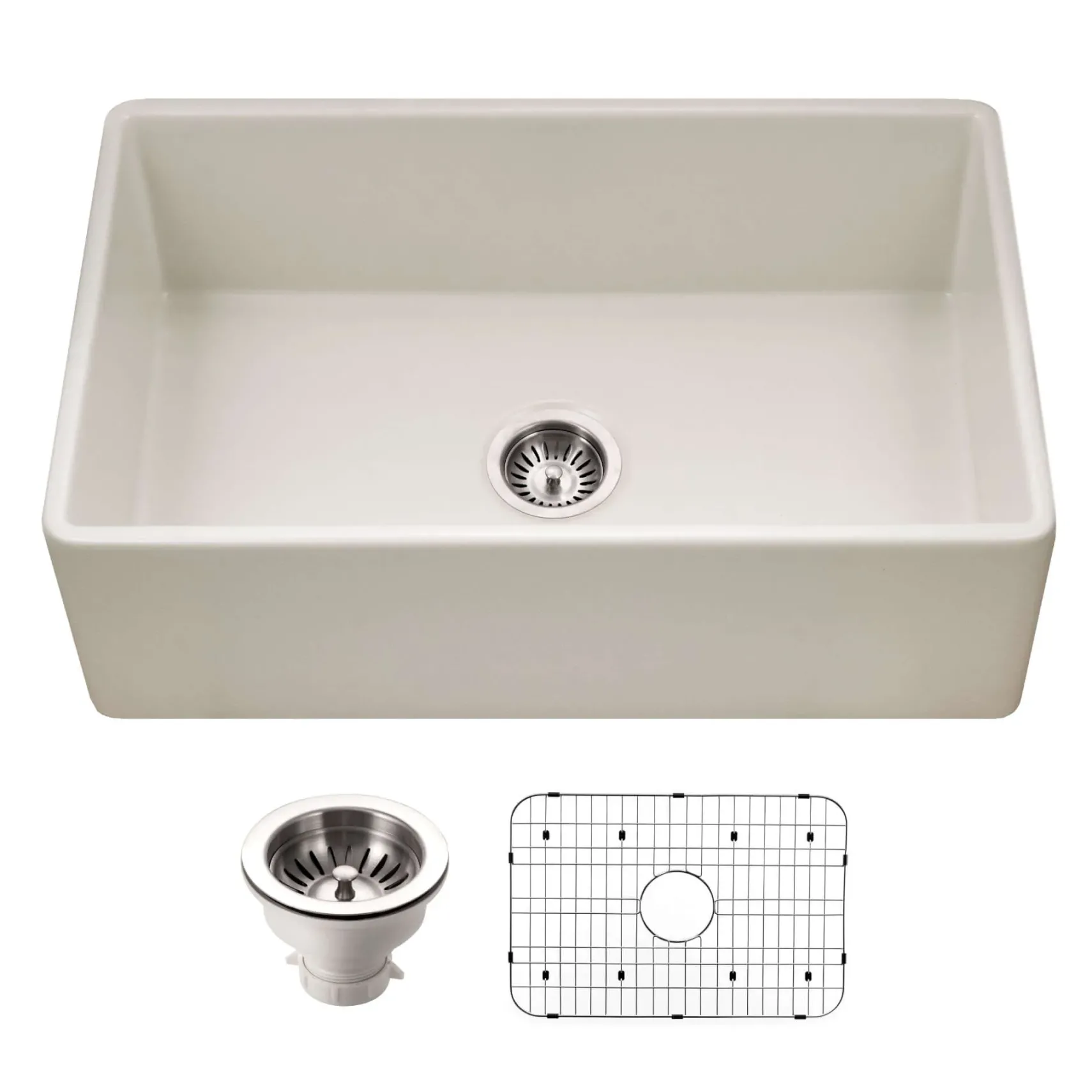 Houzer Platus 30 inch Biscuit Fireclay Apron Front Farmhouse Single Bowl Kitchen Sink - PTS-4118 BQ-C with Basket Strainer and Basin Grid Included
